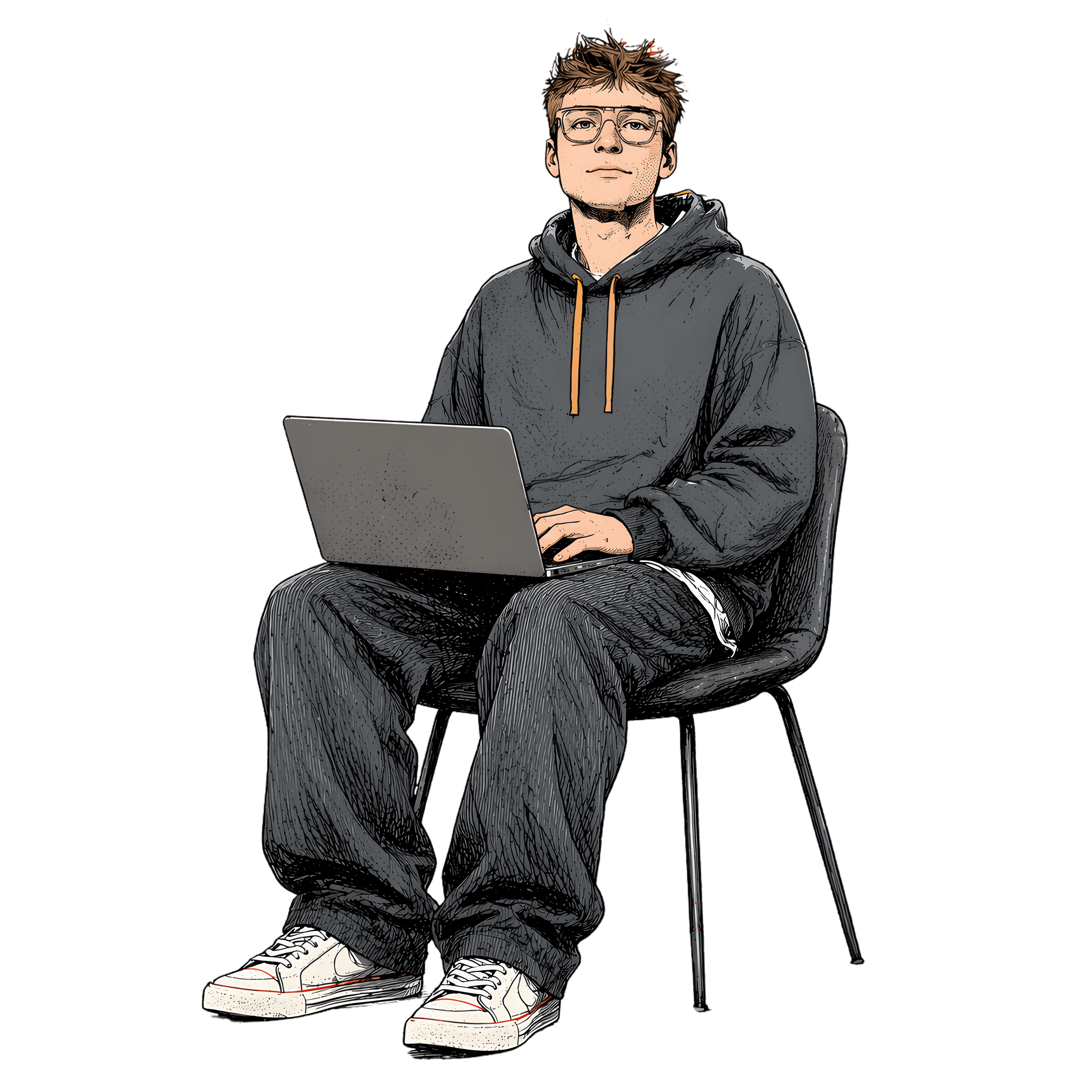 Risograph-Illustration: junger Unternehmer mit Laptop